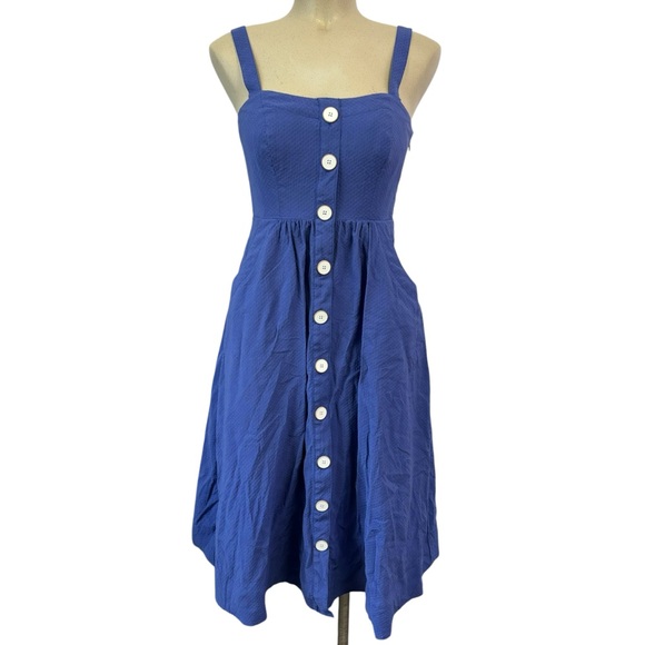ANTHROPOLOGIE Maeve Rosemary Indigo Midi Dress Size 2 Button Front Pockets - Picture 2 of 11